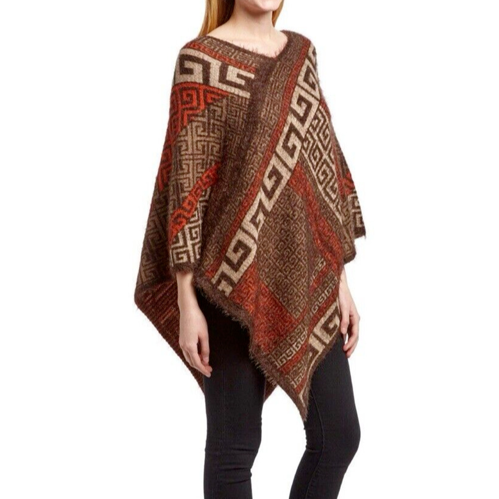 Patterned Fringe Poncho Wrap in Brown & Rust